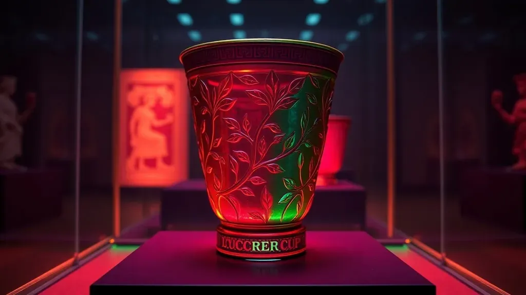 La antigua Copa de Licurgo romana exhibida en un museo, mostrando su característico cambio de color de verde a rojo bajo una iluminación especial.