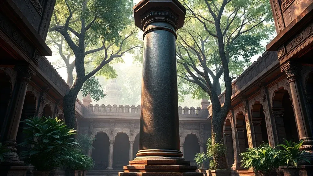 El pilar de hierro de Ashoka en Delhi, una estructura antigua y majestuosa que se mantiene impecable y libre de óxido a pesar de los siglos.