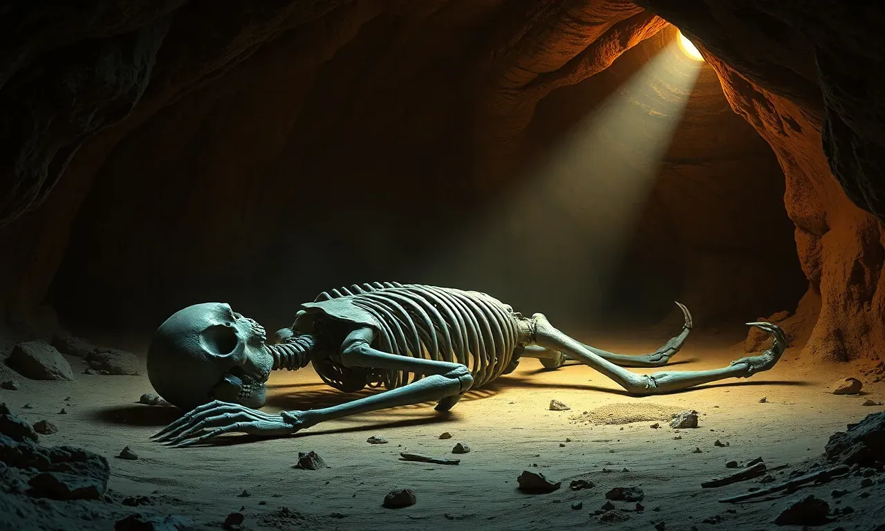 Representación artística de un esqueleto gigante encontrado en una cueva antigua y oscura.
