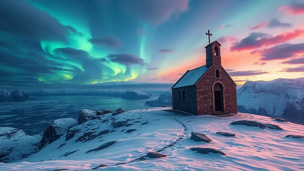 Ruinas de una antigua iglesia vikinga de piedra en un acantilado nevado de Groenlandia bajo una aurora boreal.