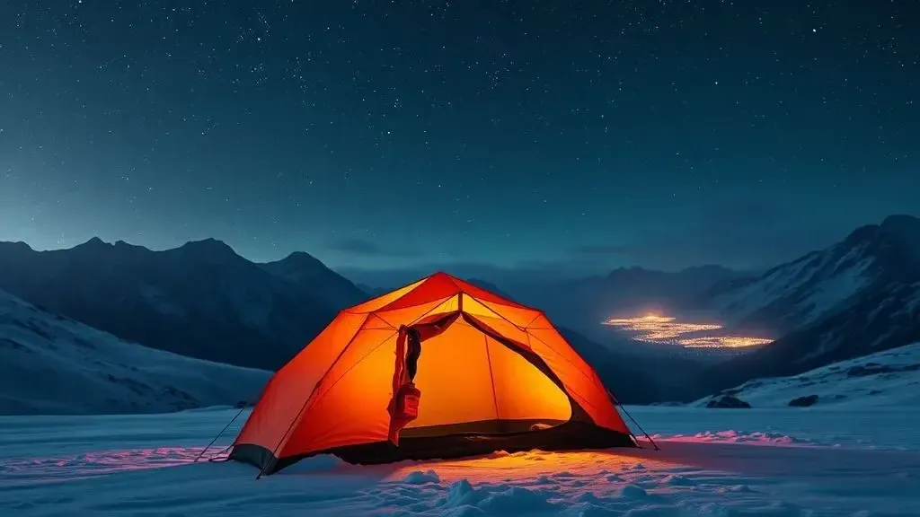 of a bright orange tent ripped open in the middle of a snowy, dark mountain landscape under a starry night sky with eerie, fa