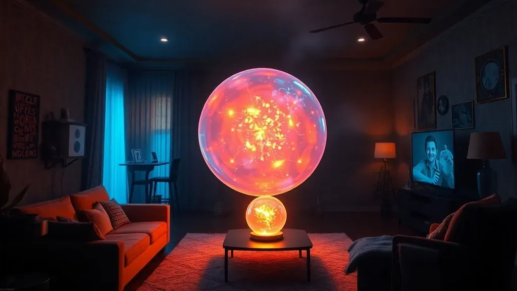 Una esfera brillante de plasma flotando en una habitación oscura durante una tormenta, representando el fenómeno del rayo globular.