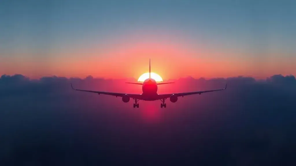 of a large commercial airplane silhouette fading into a deep blue, foggy ocean sunset, with subtle digital distortion pixels