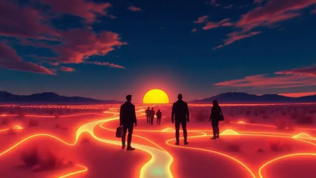of a desert landscape in New Mexico at sunset, with subtle, ethereal, glowing sound waves radiating from the ground, surround