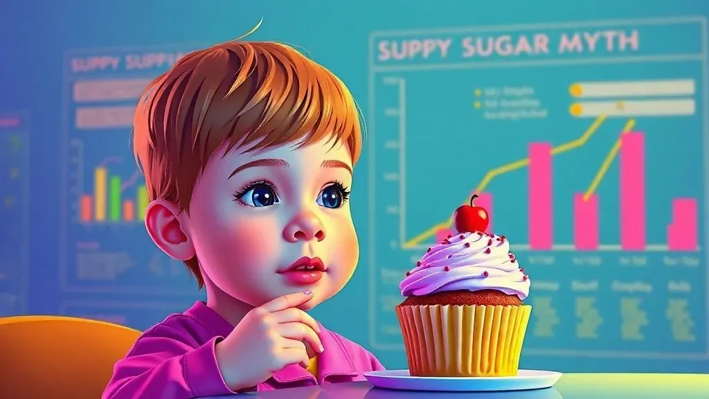 Ilustración moderna y colorida que representa el mito del azúcar, mostrando que no hay relación entre el dulce y la hiperactividad infantil.