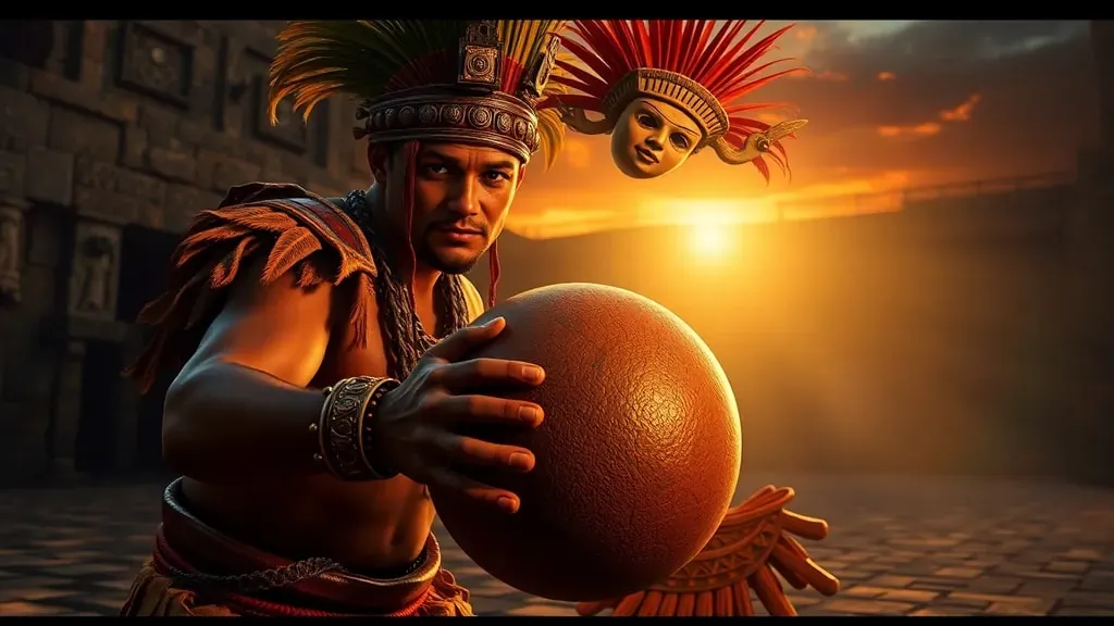 Jugador de pelota maya en un antiguo campo de piedra, vistiendo equipo tradicional de cuero, bajo una luz dramática al atardecer.
