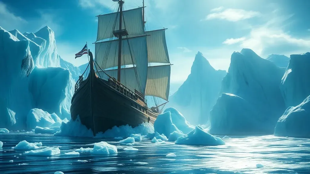 El barco Endurance atrapado entre bloques de hielo masivos en el paisaje desolado de la Antártida.