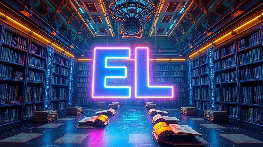 Ilustración futurista de las letras E y L brillando en neón dentro de una biblioteca tecnológica con hologramas.
