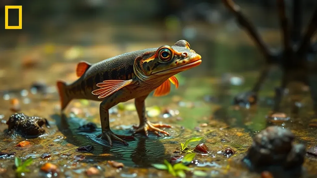 Un pez saltarín del fango caminando sobre el lodo húmedo de un manglar con sus aletas pectorales, mostrando sus ojos saltones.