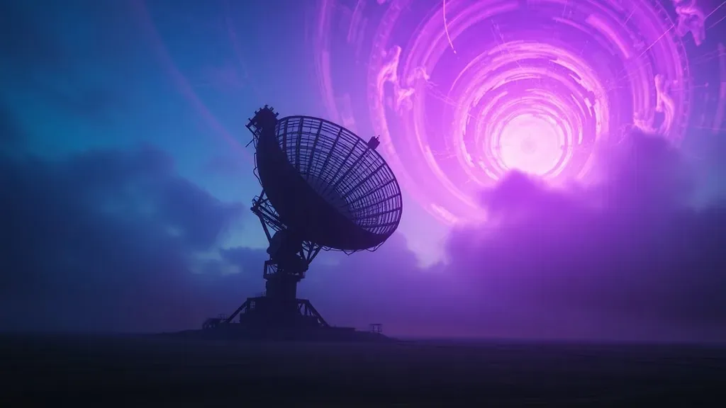 Imagen cinematográfica de un radar militar gigante y oxidado en una playa desierta al atardecer, con una grieta dimensional brillante en el cielo nocturno.