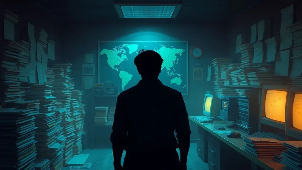 Imagen de una oficina gubernamental estilo años 70 con archivos desclasificados y una silueta misteriosa, representando el Proyecto Stargate de la CIA.
