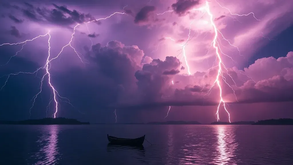 Paisaje nocturno del Lago de Maracaibo en Venezuela, iluminado por múltiples rayos catatumbo que atraviesan las nubes oscuras, reflejándose en el agua tranquila del lago.