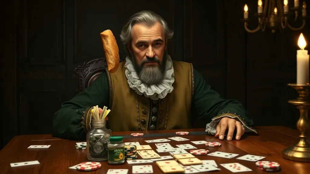 Un aristócrata del siglo XVIII con peluca, sosteniendo un sándwich mientras juega a las cartas en una mesa llena de fichas, estilo artístico dramático.