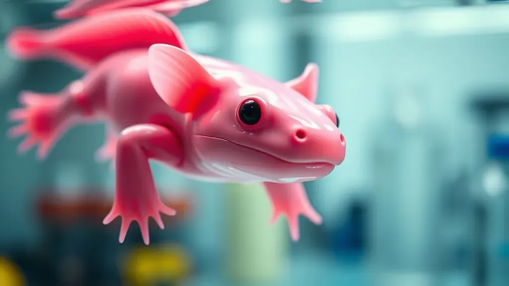 Un axolote rosado flotando en agua cristalina, mostrando sus branquias externas detalladas y una expresión amigable.