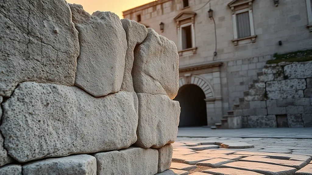 Detalle macro de hormigón romano mostrando los característicos grumos de cal blanca dentro de una estructura antigua, con iluminación cálida que resalta la textura de la piedra.