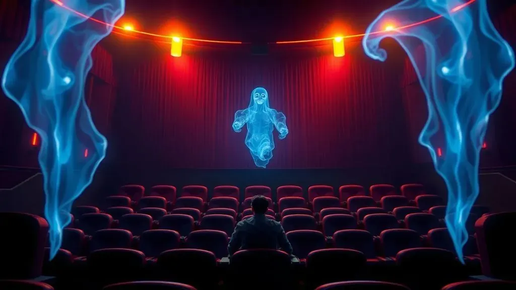 Espectador solo en una sala de cine oscura sintiendo terror, con ondas sonoras invisibles representadas como sombras fantasmales en el aire.