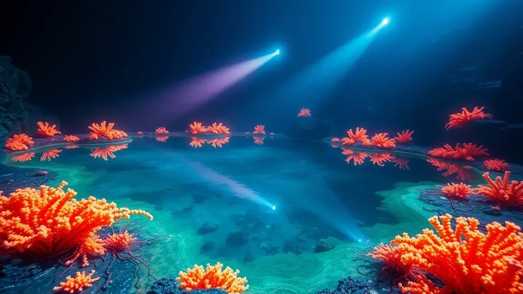 Un lago submarino tóxico rodeado de formaciones rocosas en el lecho oceánico con iluminación de un vehículo robótico.