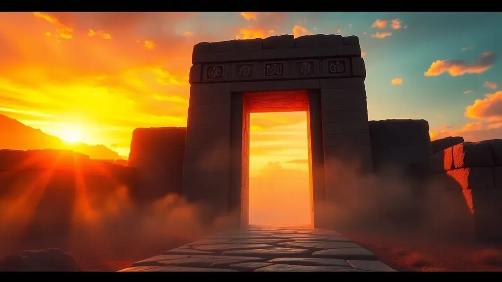 La Puerta del Sol de Tiahuanaco al atardecer con un aura de misterio y símbolos antiguos brillando tenuemente.