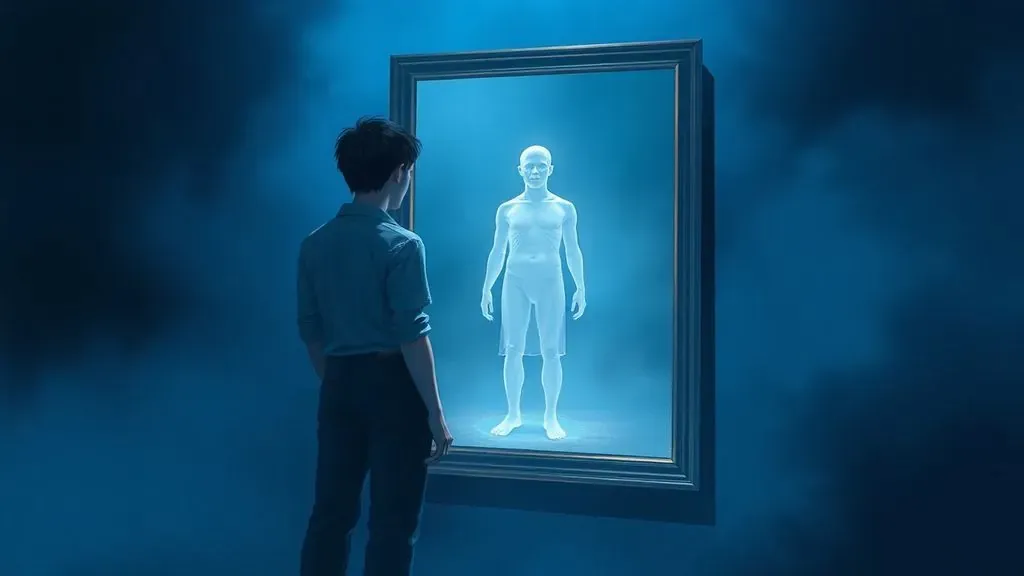 Representación artística de una persona frente a un espejo viendo una versión fantasmal de sí misma, ilustrando el Síndrome de Cotard.