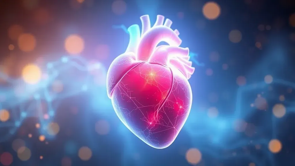 Representación artística de un corazón humano rodeado de luces etéreas y partículas doradas, simbolizando la conexión emocional y biológica.