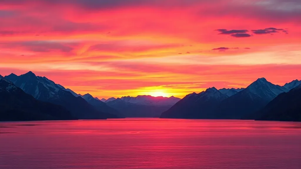 Paisaje impresionante del sol de medianoche sobre un fiordo noruego, con el sol bajo en el horizonte y colores vibrantes en el cielo.