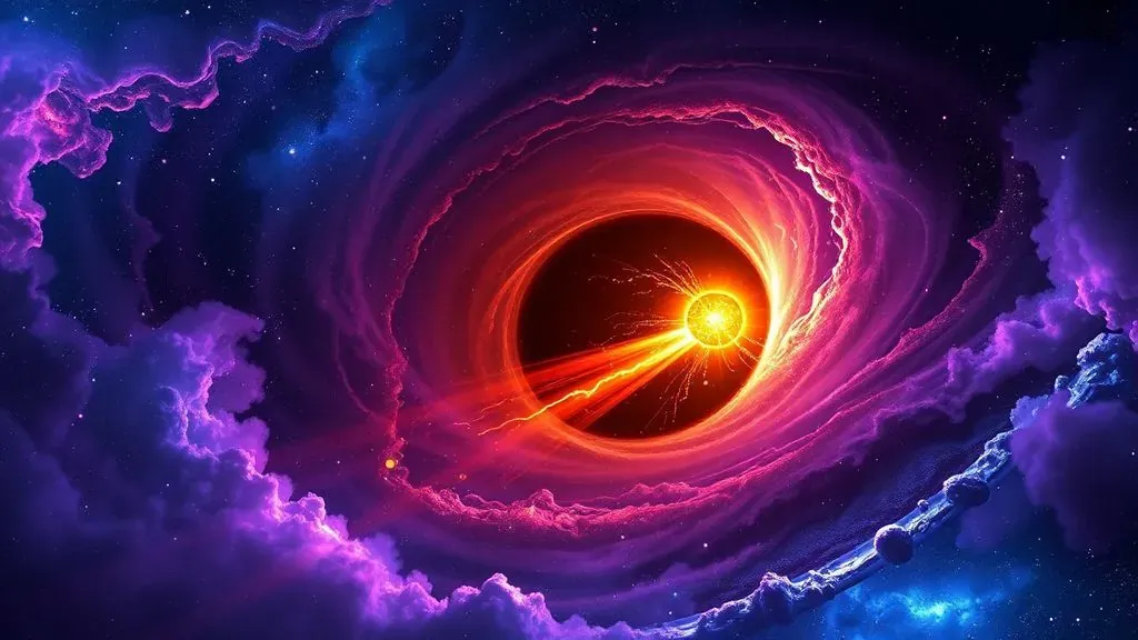 Representación artística de un agujero negro supermasivo devorando una estrella, creando un disco de acreción brillante y estelas de plasma en el espacio profundo.