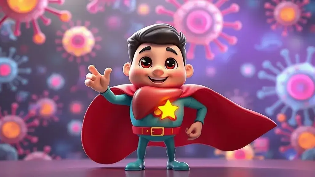 of a friendly-looking human liver character wearing a superhero cape, set against a background of glowing cells and biologica
