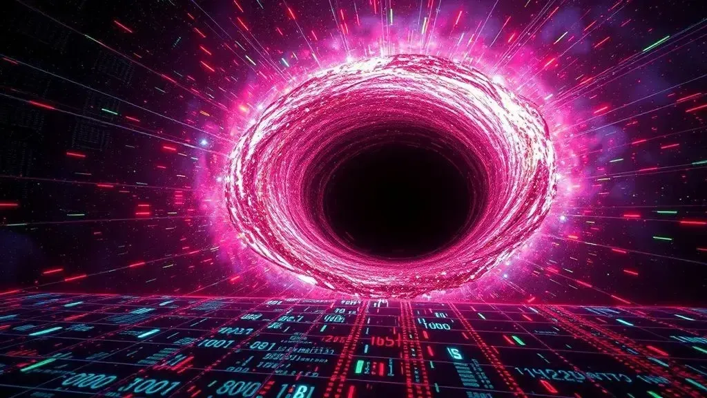 of a black hole in deep space, with colorful, glowing digital binary code streaming from the event horizon into a holographic