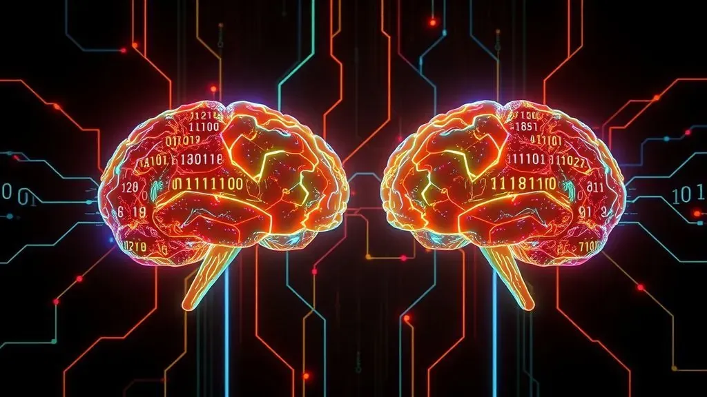 Representación visual de dos inteligencias artificiales comunicándose mediante haces de luz y códigos binarios en un entorno digital futurista.