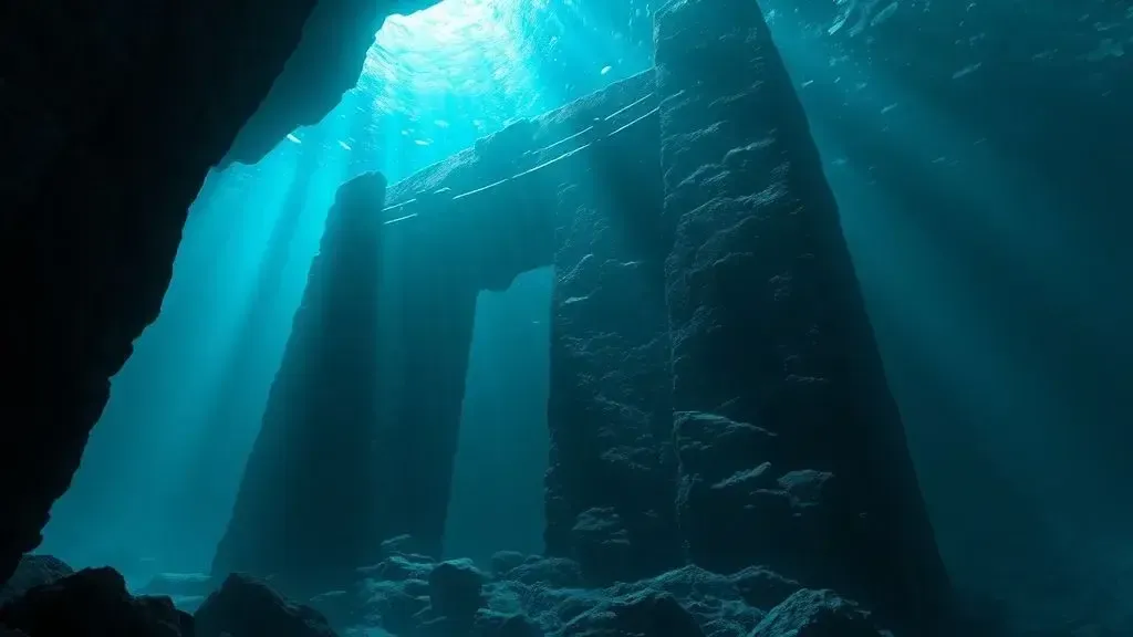 Cinematic and dark underwater shot of a massive ancient stone structure at the bottom of the sea, glowing bioluminescent ligh