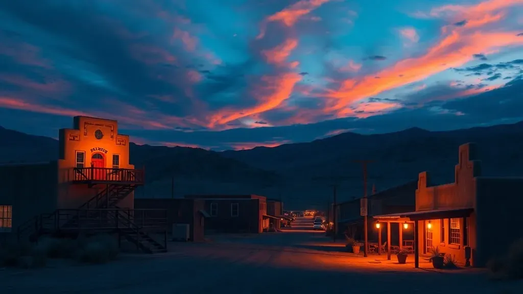 Un desierto misterioso en Taos con ondas de sonido sutiles y brillantes flotando en el aire al atardecer.