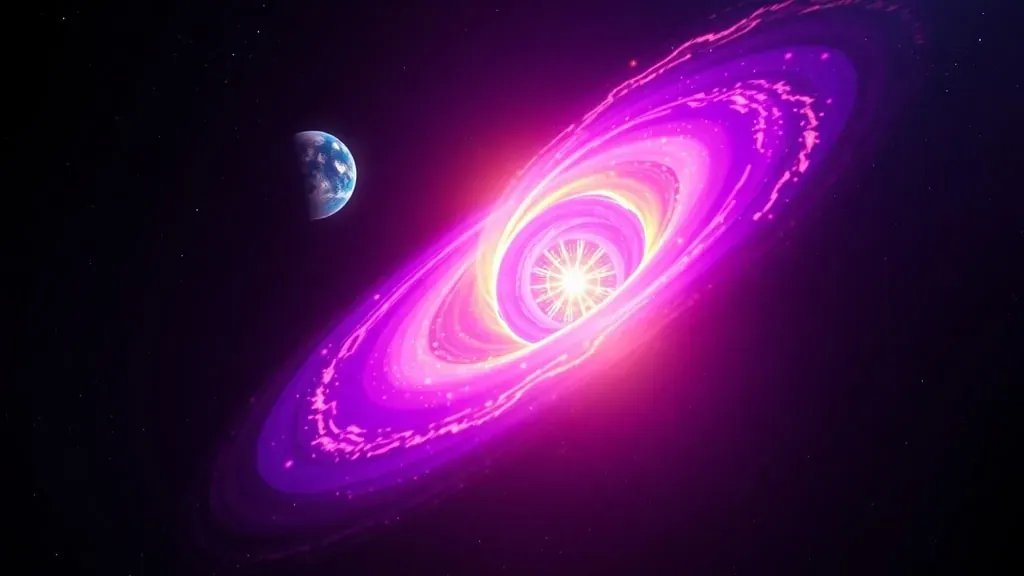 Una estrella de neutrones brillante en el centro atrayendo gas de una estrella cercana en una espiral colorida y violenta en el espacio profundo.