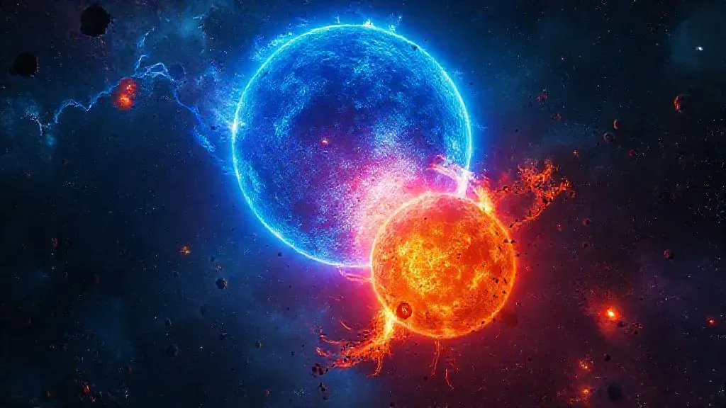 Una estrella azul masiva absorbiendo materia de una estrella naranja más pequeña en un entorno espacial profundo y lleno de nebulosas.