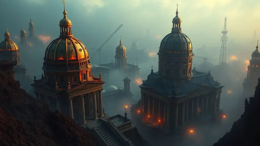 Imagen artística de una ciudad antigua con cúpulas metálicas y arquitectura neoclásica parcialmente enterrada en el suelo, rodeada de misterio y una iluminación cinematográfica.
