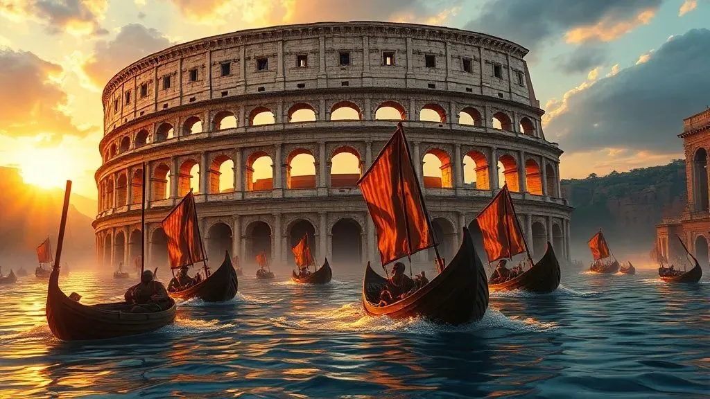 Recreación artística del Coliseo de Roma lleno de agua con barcos de guerra antiguos combatiendo en su interior.