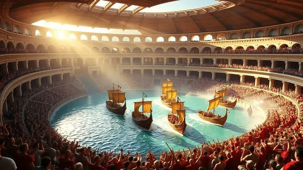 Interior del Coliseo de Roma inundado con barcos de guerra antiguos navegando en medio de la arena durante un espectáculo romano.