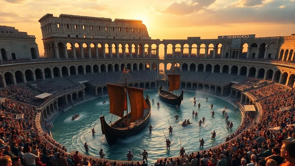 Vista cinematográfica del Coliseo romano inundado con barcos de guerra antiguos combatiendo en su interior ante miles de espectadores.