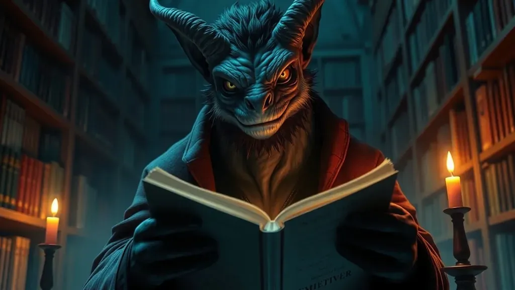 Una criatura de aspecto humanoide y melancólico leyendo un libro en una biblioteca oscura, con iluminación tenue y estética de academia.