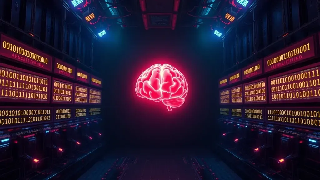 Un cerebro humano brillante y luminoso rodeado de cadenas de código binario en una habitación oscura que representa la censura digital de las ideas.