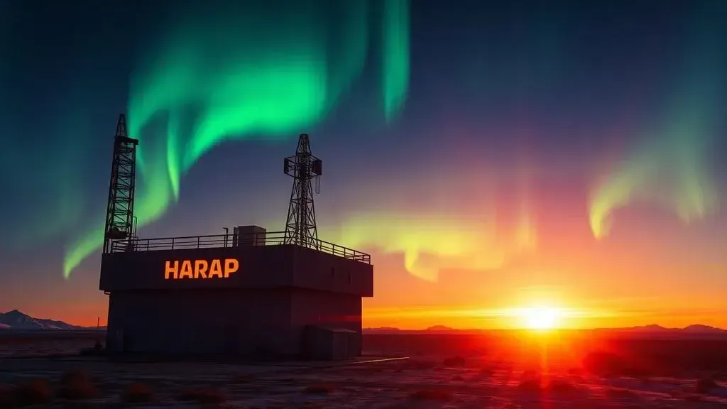 A high-quality, cinematic shot of the HAARP research station in Alaska during a sunset, with glowing auroras in the backgroun