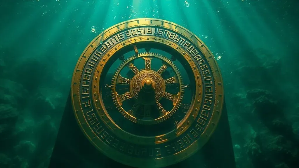 Reconstrucción detallada del Mecanismo de Anticitera mostrando sus complejos engranajes de bronce oxidados bajo el mar con luz solar filtrándose.