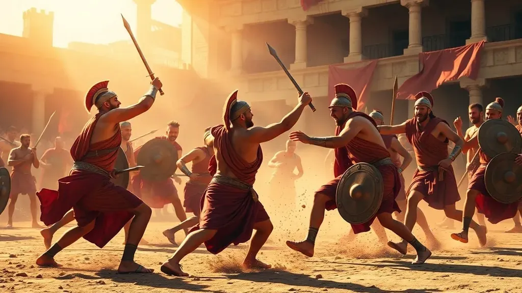 Soldados romanos jugando intensamente al Harpastum en un campo de tierra polvoriento bajo el sol, capturando la energía bruta y la violencia del antiguo deporte.