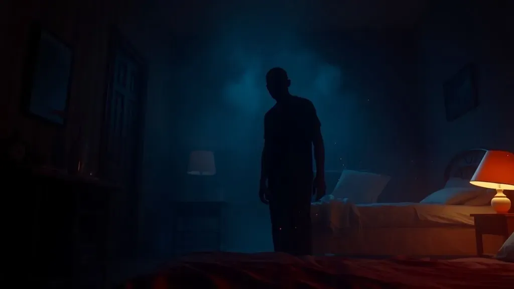 Una figura oscura y sin rostro parada en la esquina de una habitación oscura, representando el fenómeno paranormal de los hombres sombra.