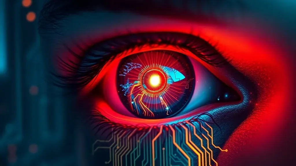 Un ojo humano fusionándose con circuitos tecnológicos avanzados, simbolizando la unión entre la biología humana y la inteligencia artificial.