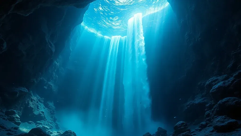 Una representación artística de una cascada submarina en las profundidades del océano con corrientes de agua densa descendiendo por una montaña submarina.