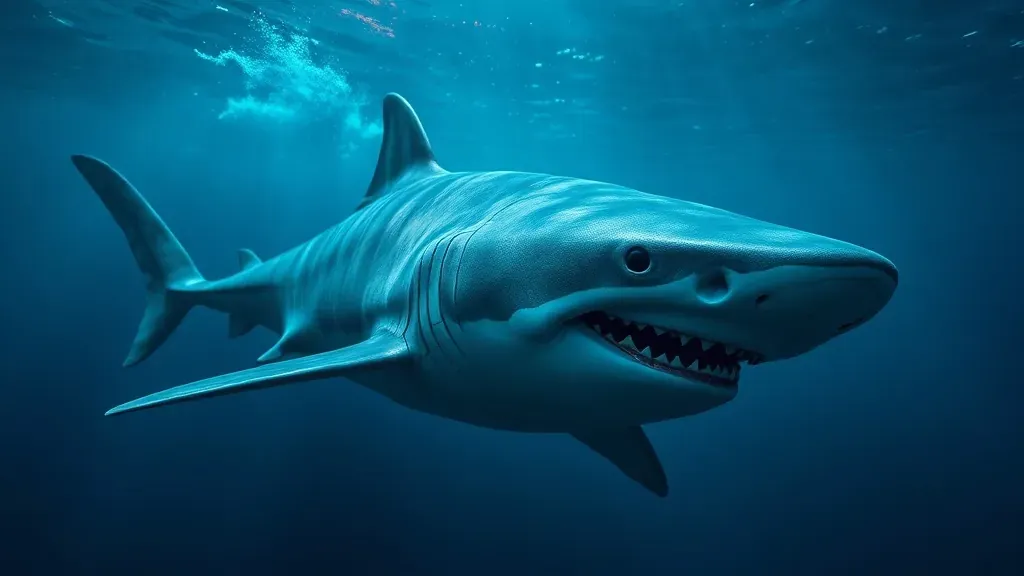 Un tiburón de Groenlandia nadando en aguas profundas y oscuras del Ártico, resaltando su piel rugosa y sus ojos adaptados a la oscuridad.