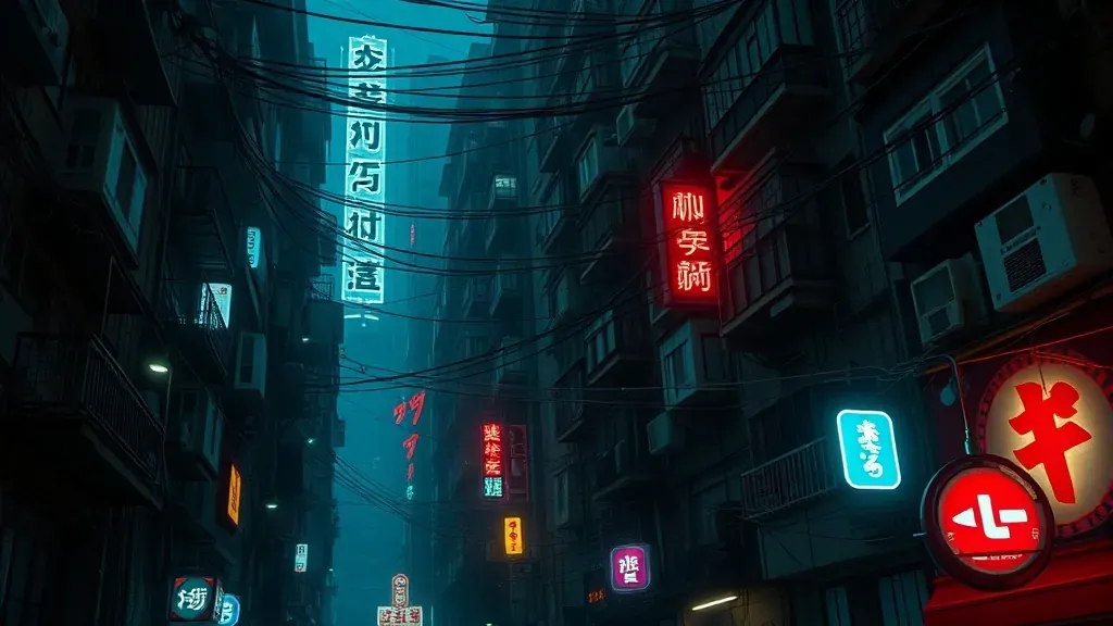 Vista panorámica nocturna de la Ciudad Amurallada de Kowloon, mostrando edificios densamente apilados, cables eléctricos entrelazados y callejones oscuros.
