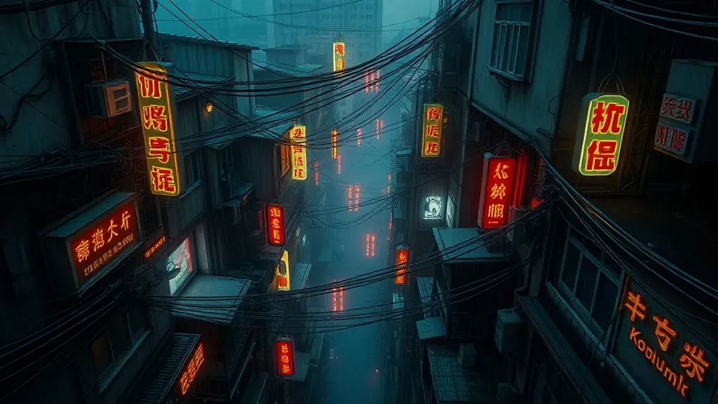 Vista aérea detallada de la Ciudad Amurallada de Kowloon en los años 80, mostrando un laberinto denso de edificios de hormigón con cables entrelazados y una atmósfera oscura y lluviosa.