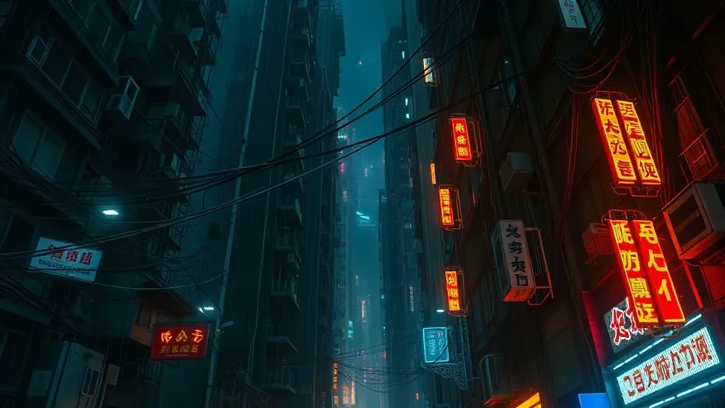 Vista panorámica y claustrofóbica de la Ciudad Amurallada de Kowloon con edificios apilados, cables eléctricos cruzando las calles y luces de neón en un ambiente oscuro y lluvioso.