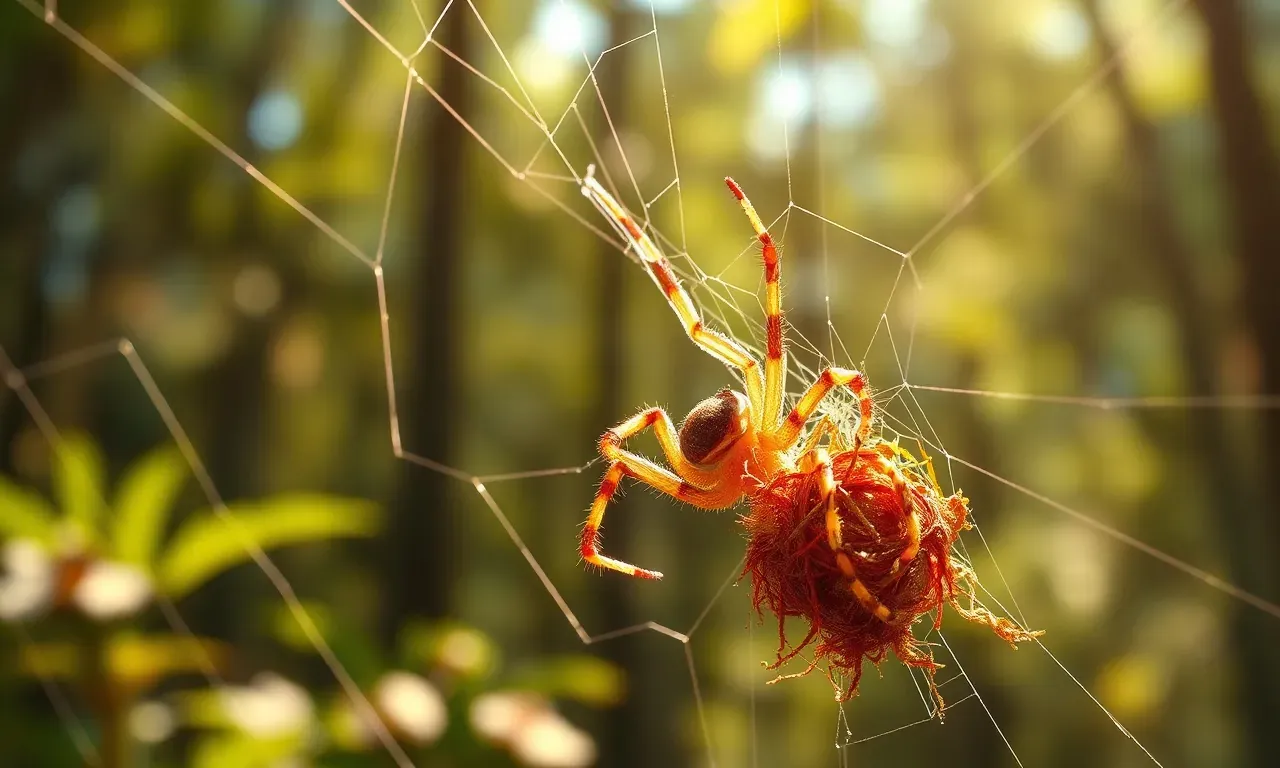 Araña Cyclosa ginnaga junto a un señuelo hecho de restos orgánicos en su telaraña, en un entorno natural con iluminación cinematográfica.